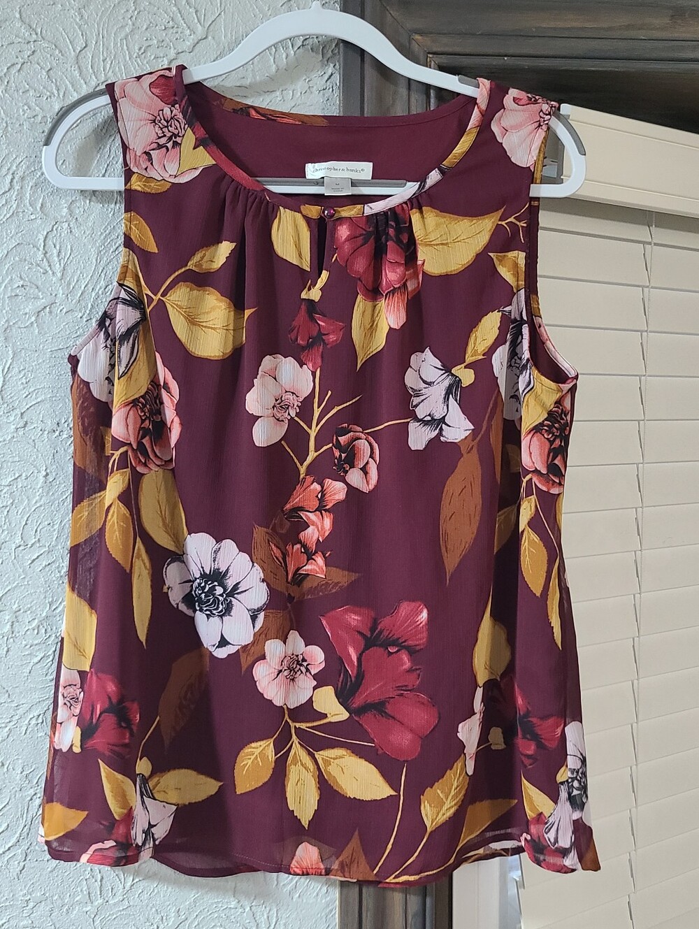 Maroon Floral Tank Top by Christopher & Banks keyhole button neckline